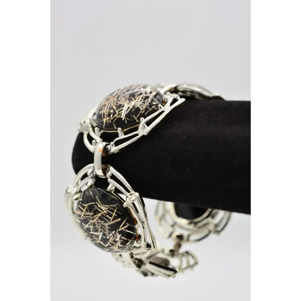 Tara Vintage Lucite Bracelet Chain Chunky Confetti Metallic Silver Signed Bin2